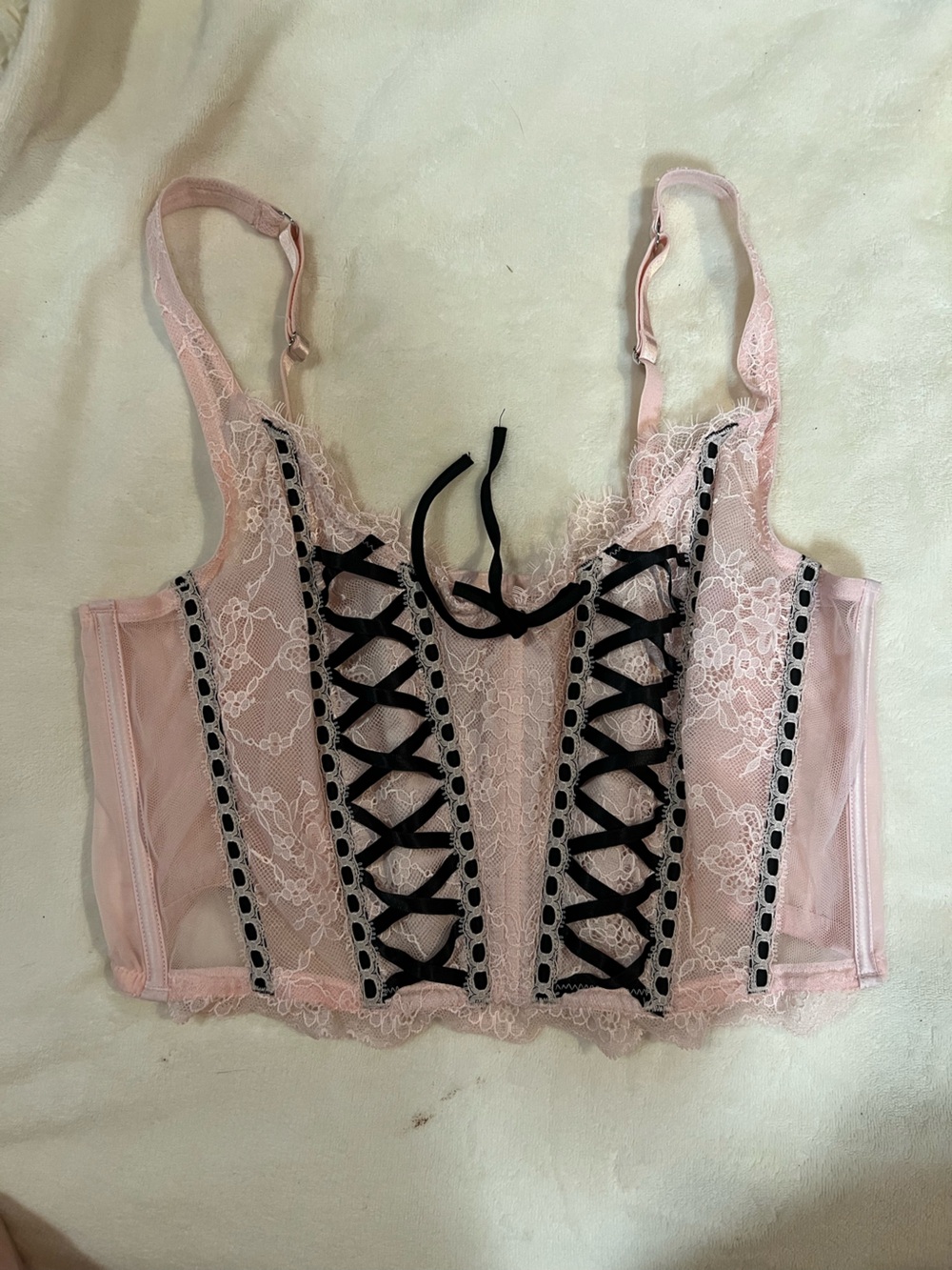 Victoria's Secret Pink Lace Corset Crop Top with Black Ribbon